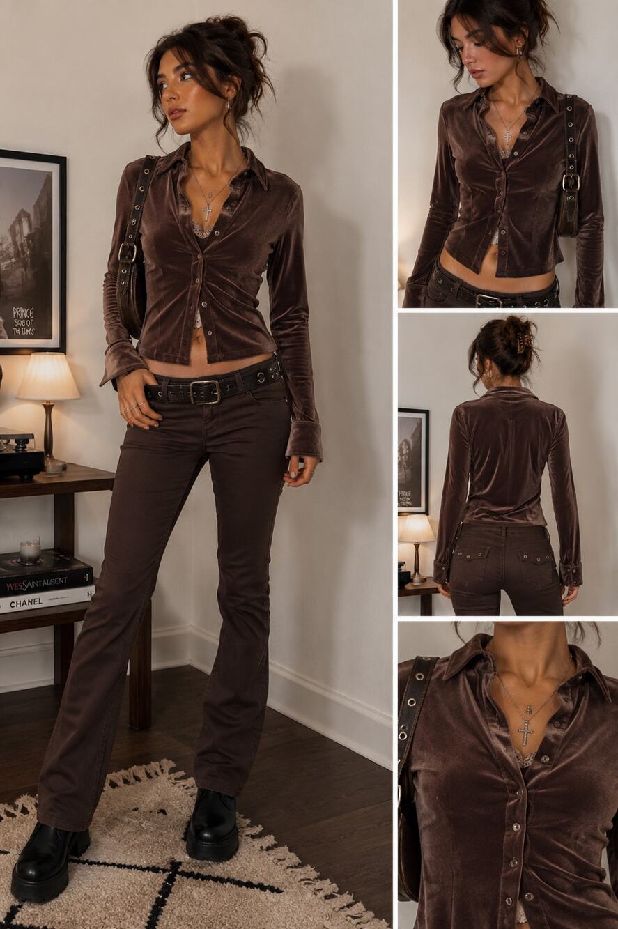 VS Sport Brown Velvet Button Down Top Women's Small Y2K Soft Girl 90s Stretch